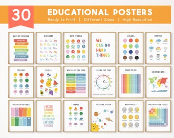 Set of Educational Posters, 30 Homeschool Printable, Montessori Classroom Decor, Alphabet Poster, Toddler Playroom Decor, DIGITAL DOWNLOAD