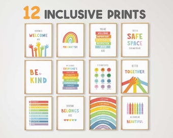 12 affiches inclusives, impressions d’inclusion, art mural, décor de classe inclusif, espace sûr, égalité dans la diversité, conseiller scolaire, travailleur social