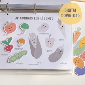 Op de afbeelding: Een printbare educatieve kaart met kleurrijke illustraties van verschillende groenten met Franse namen, waaronder tomaat, broccoli, aardappel, wortel, champignon, biet, erwten, ma&iuml;s, paprika en aubergine. De kaart is ontworpen voor kinderen die groenten leren kennen.