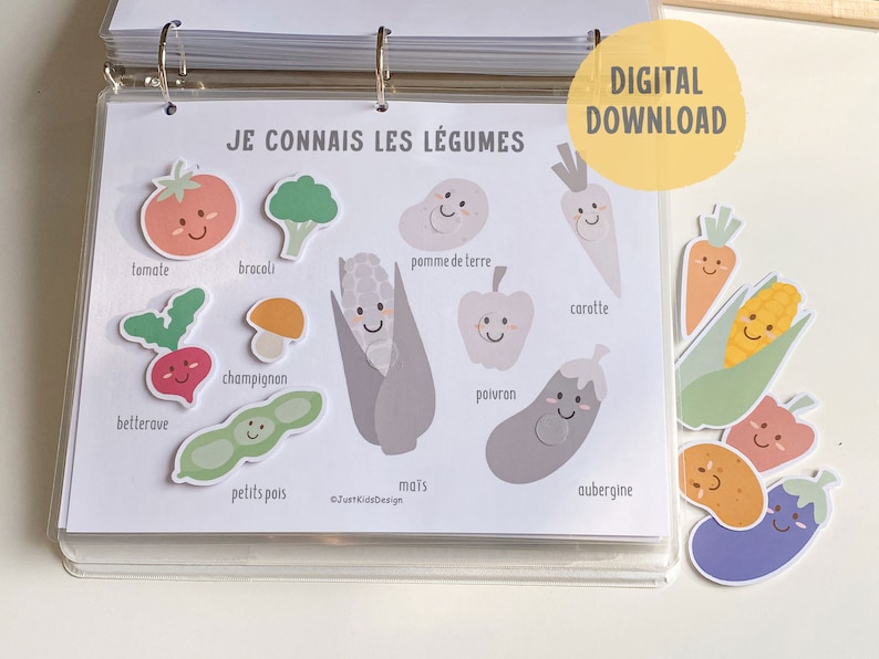 Op de afbeelding: Een printbare educatieve kaart met kleurrijke illustraties van verschillende groenten met Franse namen, waaronder tomaat, broccoli, aardappel, wortel, champignon, biet, erwten, ma&iuml;s, paprika en aubergine. De kaart is ontworpen voor kinderen die groenten leren kennen.