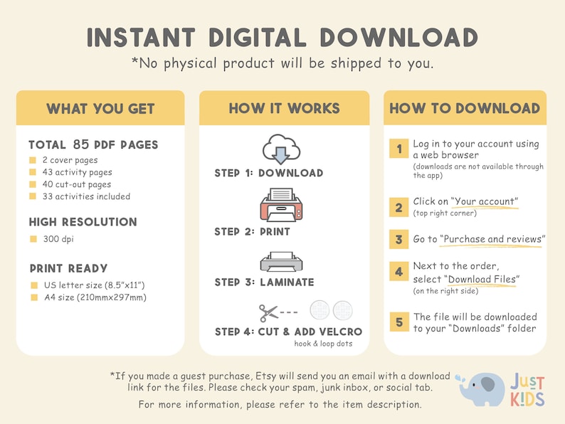 May include: A yellow, blue, and white graphic with the text "Instant Digital Download" and "*No physical product will be shipped to you."  The graphic is divided into three sections: "What You Get", "How It Works", and "How To Download".  The "What You Get" section lists the details of the digital download, including the number of pages, resolution, and print size. The "How It Works" section shows a series of steps for downloading, printing, laminating, and cutting out the digital download. The "How To Download" section provides instructions on how to download the digital download from Etsy.  The graphic also includes a small elephant illustration with the text "Just Kids".