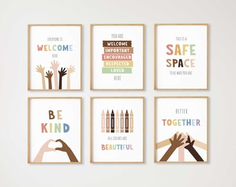 6 Inclusion Prints, Inclusive Wall Art, Inclusive Classroom Decor, Everyone is Welcome, Safe Space Sign, School Counselor, Social Worker