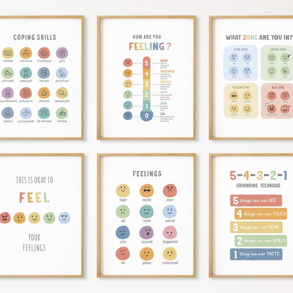 Set of 6 Feelings Poster, Emotions Chart, Montessori Homeschool Decor, Classroom Decor, Calming Corner, Zones of Regulation,DIGITAL DOWNLOAD