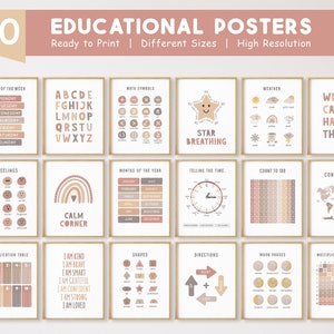 Set von 30 Lernpostern, Montessori Klassenzimmer Dekor, Homeschool druckbare, neutrale Kinderdekor, Boho Kleinkind Spielzimmer, DIGITAL DOWNLOAD