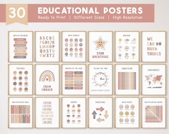 Set of 30 Educational Posters, Montessori Classroom Decor, Homeschool Printable, Neutral Kids Decor, Boho Toddler Playroom, DIGITAL DOWNLOAD