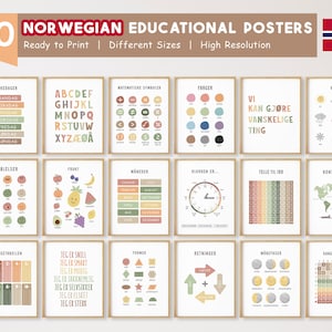 Lote de 30 carteles educativos noruegos, carteles de aprendizaje noruegos, imprimibles para educación en casa, aula Montessori, decoración de sala de juegos infantil, digital