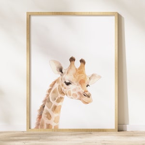 May include: A watercolor painting of a giraffe's head and neck. The giraffe is light brown with darker brown spots. The giraffe is looking to the right of the image.