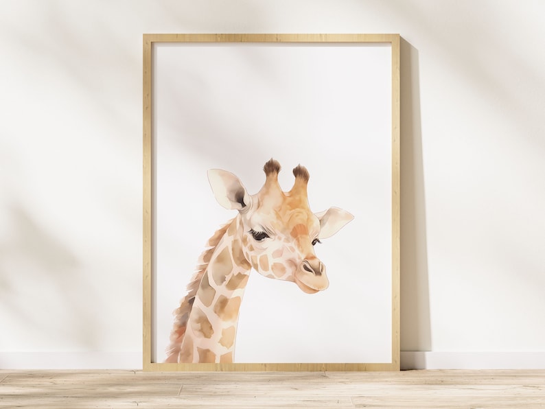 May include: A watercolor painting of a giraffe's head and neck. The giraffe is light brown with darker brown spots. The giraffe is looking to the right of the image.