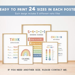 May include: Four printable posters with different calming techniques for children. The posters feature a rainbow, a check-in chart, a grounding technique, and a "Think Before You Speak" chart. The posters are available in 24 sizes.