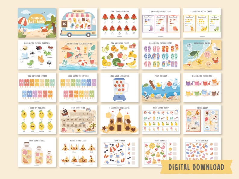 Summer Busy Book Printable, Summer Activity Book, Toddler Learning Binder, Preschool Activities, Homeschool Resources, Digital