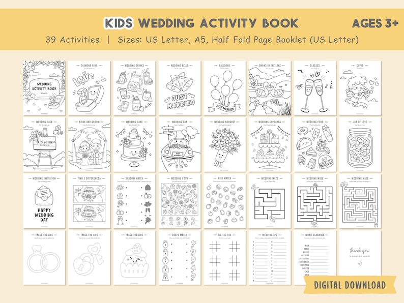 Kids Wedding Activity Book, Wedding Coloring Book, Wedding Favors, Kids Activity Book, Wedding Table Games, Printable Wedding Coloring