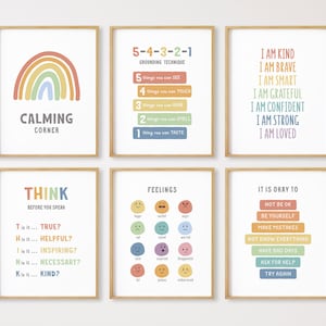 May include: Set of six printable posters with colorful rainbow designs and positive affirmations for children. The posters include phrases like "Calming Corner", "Think Before You Speak", "Feelings", "I Am Kind", "I Am Brave", and "It Is Okay To".