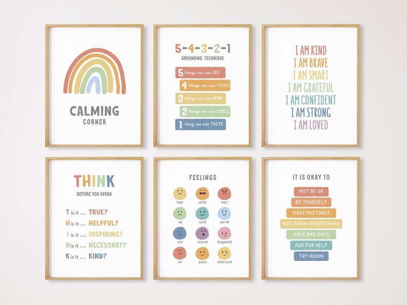 May include: Set of six printable posters with colorful rainbow designs and positive affirmations for children. The posters include phrases like "Calming Corner", "Think Before You Speak", "Feelings", "I Am Kind", "I Am Brave", and "It Is Okay To".