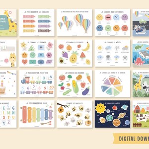 Op de afbeelding: Een set van 12 printbare activiteitenbladen voor kinderen met kleurrijke illustraties en Franse tekst. De bladen bevatten activiteiten zoals het matchen van kleuren, het leren van vormen, tellen en het identificeren van dieren.