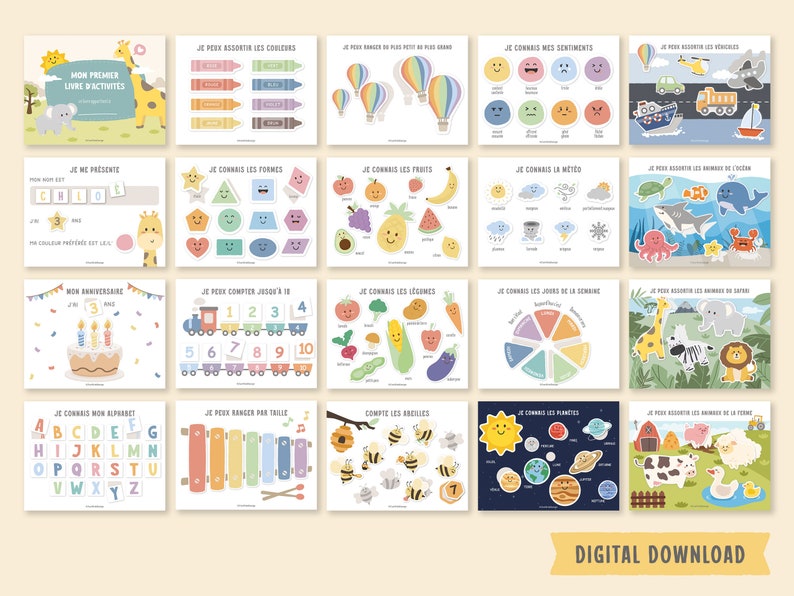 Op de afbeelding: Een set van 12 printbare activiteitenbladen voor kinderen met kleurrijke illustraties en Franse tekst. De bladen bevatten activiteiten zoals het matchen van kleuren, het leren van vormen, tellen en het identificeren van dieren.
