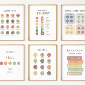 Conjunto de 6 pôsteres de sentimentos, quadro de emoções, decoração para educação domiciliar Montessori, decoração para sala de aula, zonas de regulação, canto de calma, DOWNLOAD DIGITAL