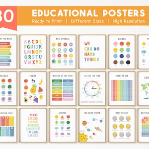 30 Lernposter, Montessori Klassenzimmer Dekor, Homeschool Printable, Alphabet Chart, ABC Poster, Kleinkind Spielzimmer, DIGITAL DOWNLOAD