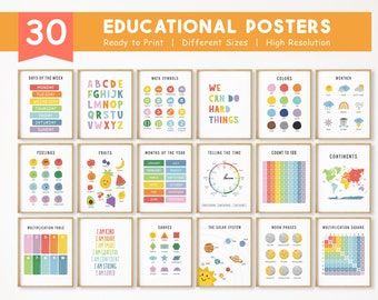 30 Educational Posters, Montessori Classroom Decor, Homeschool Printable, Alphabet Chart, ABC Poster, Toddler Playroom, DIGITAL DOWNLOAD