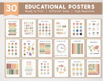 30 Educational Posters, Montessori Classroom Decor, Homeschool Printable, Neutral Kids Decor, Toddler Playroom, ABC Poster, DIGITAL DOWNLOAD