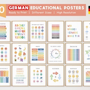 30 carteles educativos de alemán, carteles para aprender alemán, imprimibles para la educación en casa, decoración arcoíris para la sala de juegos infantil, aula Montessori, digital