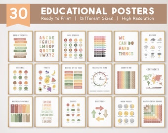 Set of 30 Educational Posters, Montessori Classroom Decor, Homeschool Printable, Neutral Kids Decor, Toddler Playroom, DIGITAL DOWNLOAD