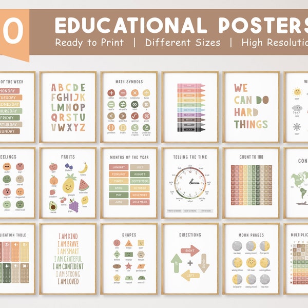 Set van 30 educatieve posters, Montessori klas decor, homeschool afdrukbaar, neutraal kinderdecor, peuterspeelkamer, digitale DOWNLOAD