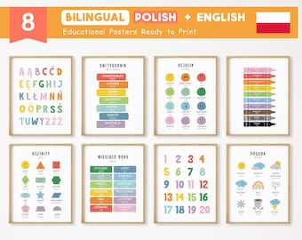 8 Bilingual Polish Educational Posters, Polish Learning Posters, Homeschool Printable in Polish, Kids Playroom Decor, DIGITAL DOWNLOAD