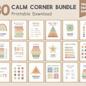 Set di 30 poster "Angolo Calmante", stampabili, decorazioni per l'aula, decorazioni murali educative, tecniche di coping, tabella dei sentimenti, download digitale.