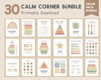 May include: A collection of 20 framed printable posters with calming corner themes. The posters feature colorful illustrations and text, including "Calming Corner," "5-4-3-2-1," "Think," "Maslow's Hierarchy of Needs," and "Square Breathing." The bundle is a value pack.