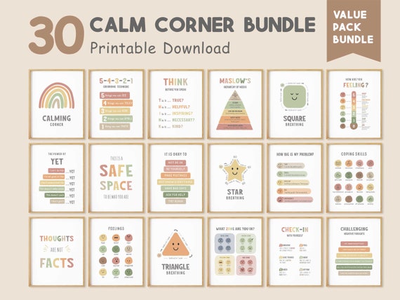 Set of 30 Calming Corner Posters, Calm Down Printable, Classroom Decor, Educational Wall Art, Coping Skills, Feelings Chart,DIGITAL DOWNLOAD