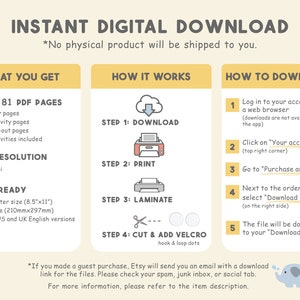 May include: A yellow, blue, and white graphic with the text "Instant Digital Download" and "What You Get", "How It Works", and "How To Download". The graphic lists the details of a printable activity pack, including 81 pages, 33 activities, high resolution, and print ready in US letter and A4 sizes.