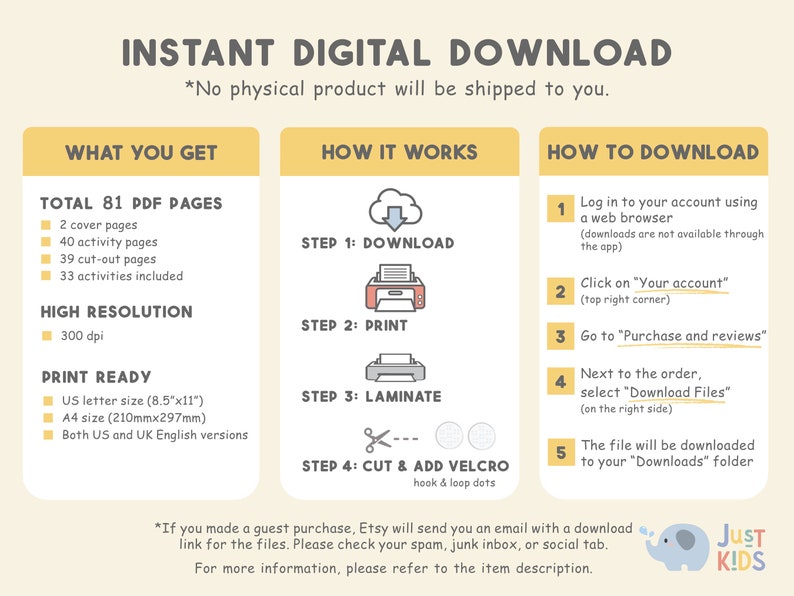 May include: A yellow, blue, and white graphic with the text "Instant Digital Download" and "What You Get", "How It Works", and "How To Download". The graphic lists the details of a printable activity pack, including 81 pages, 33 activities, high resolution, and print ready in US letter and A4 sizes.