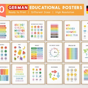30 carteles educativos en alemán, carteles de aprendizaje de alemán, imprimibles para la educación en el hogar, aula Montessori, decoración de sala de juegos para niños con arcoíris, DIGITAL