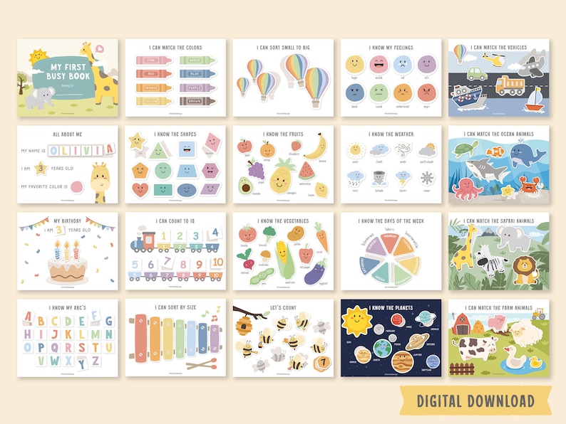 May include: A set of 16 printable busy book pages for toddlers and preschoolers. The pages feature colourful illustrations and activities such as matching colours, shapes, and numbers. The pages are designed to help children learn and develop their fine motor skills.