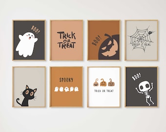 Set of 8 Halloween Prints, Halloween Posters, Cute Ghost Print, Spooky Print, Kids Halloween Printable, Halloween Wall Decor,Halloween Art
