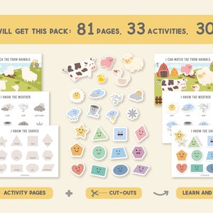 May include: A set of printable activity pages for children featuring farm animals, weather, and shapes. The pages are designed to be cut out and used for learning and play. The set includes 81 pages and 33 activities.