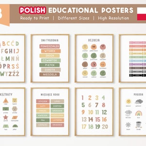 8 carteles educativos en polaco, carteles para aprender polaco, imprimibles para la educación en casa en polaco, decoración neutra para la sala de juegos infantil, descarga digital