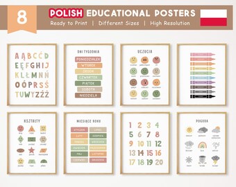 8 Polish Educational Posters, Polish Learning Posters, Homeschool Printable in Polish, Neutral Kids Playroom Decor, DIGITAL DOWNLOAD