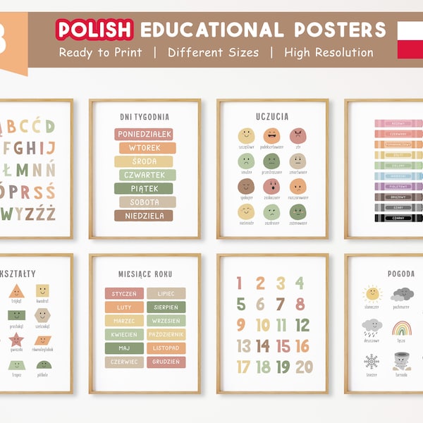 8 Polish Educational Posters, Polish Learning Posters, Homeschool Printable in Polish, Neutral Kids Playroom Decor, DIGITAL DOWNLOAD