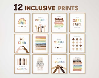 12 carteles inclusivos, impresiones de inclusión para pared, decoración inclusiva para el aula, espacio seguro para la diversidad y la igualdad, trabajador social, consejero escolar