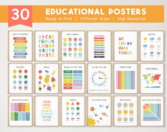 May include: Set of 30 educational posters for kids featuring colorful illustrations and text. Topics include days of the week, alphabet, math symbols, weather, feelings, fruits, months of the year, telling time, counting to 100, continents, multiplication table, shapes, the solar system, moon phases, and more.