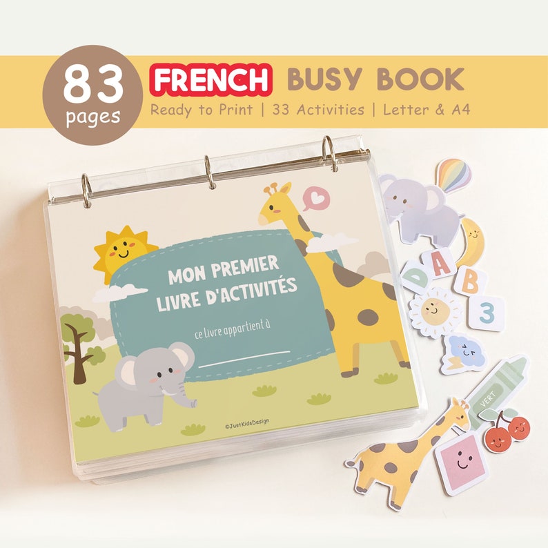 Livre animé français imprimable, classeur d'apprentissage du français pour tout-petits, activités préscolaires, ressources pour l'école à la maison en français, livre silencieux pour enfants, NUMÉRIQUE image 1