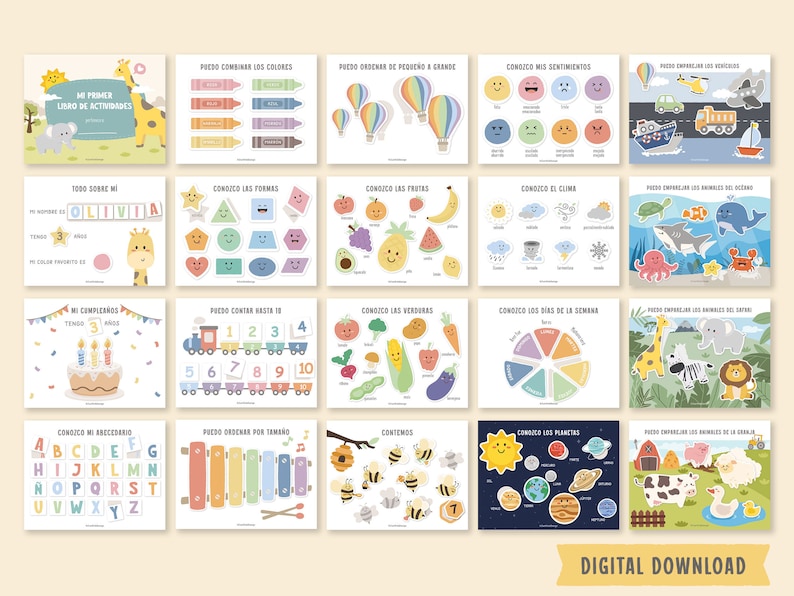 May include: A colorful printable activity book for young children featuring various activities such as matching colors, identifying shapes, counting, and learning about animals and planets. The book includes illustrations of a giraffe, a train, a beehive, and a sun.
