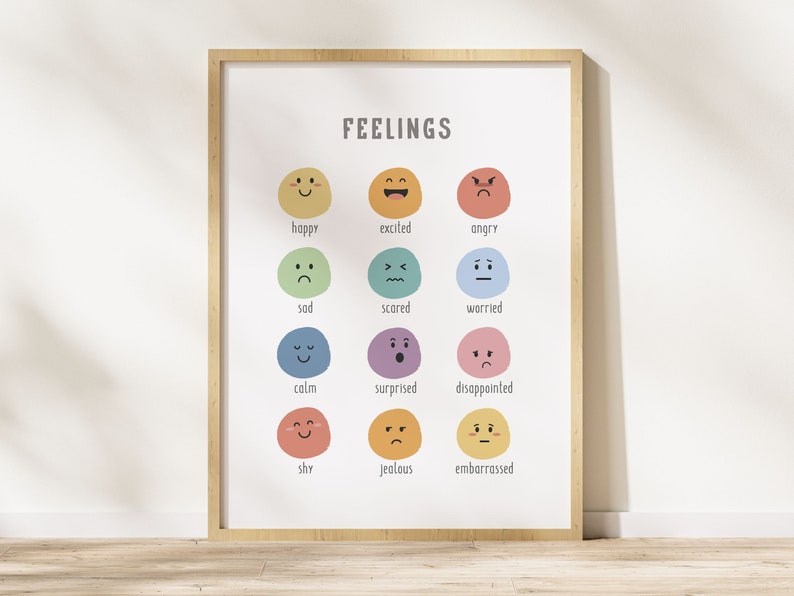 以下が含まれることがあります： 「FEELINGS」という単語が上部に書かれたカラフルなチャート。チャートには、対応する漫画の顔と単語ラベルが付いた12種類の感情が表示されています。感情は、幸せ、興奮、怒り、悲しみ、恐怖、心配、落ち着き、驚き、失望、恥ずかしがり屋、嫉妬、そして恥ずかしさです。