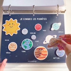 Op de afbeelding: Een kleurrijk educatief bord met de titel "Je connais les plan&egrave;tes" (Ik ken de planeten) met een gele zon met een lachend gezicht en illustraties van de planeten in ons zonnestelsel, waaronder Mercurius, Venus, Aarde, Mars, Jupiter, Saturnus, Uranus en Neptunus.