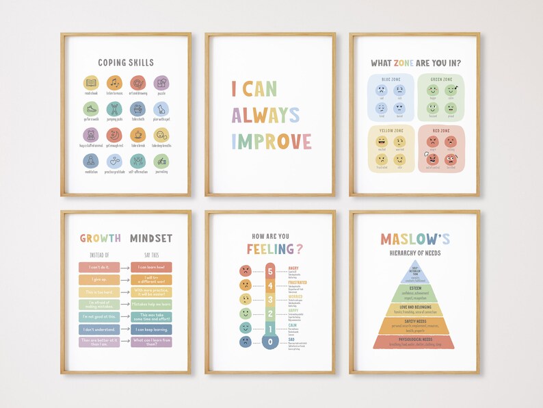 May include: Set of six colorful printable posters for children with positive affirmations and coping skills. The posters feature phrases like "I can always improve" and "Growth Mindset".