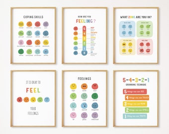 Set of 6 Feelings Poster, Classroom Decor, Montessori Homeschool Decor, Emotions Chart, Zones of Regulation, Calming Corner,DIGITAL DOWNLOAD