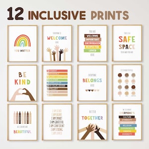 12 Inclusive Posters, Inclusive Classroom Decor, Inclusion Prints Wall Art, Diversity Equality Safe Space, School Counselor, Social Worker