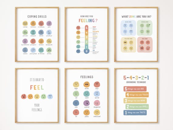 Set of 6 Feelings Poster, Emotions Chart, Montessori Homeschool Decor, Classroom Decor, Calming Corner, Zones of Regulation,DIGITAL DOWNLOAD