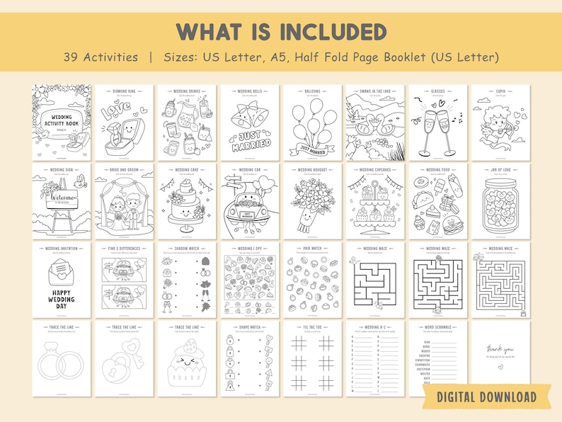 Kids Wedding Activity Book, Wedding Coloring Book, Kids Activity Book, Printable Wedding Coloring, Wedding Table Games, Wedding Favors